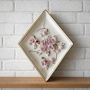 Lefton Japan 2780 Pink Rose Ceramic Wall Plaque Gold Trim 1960s MCM